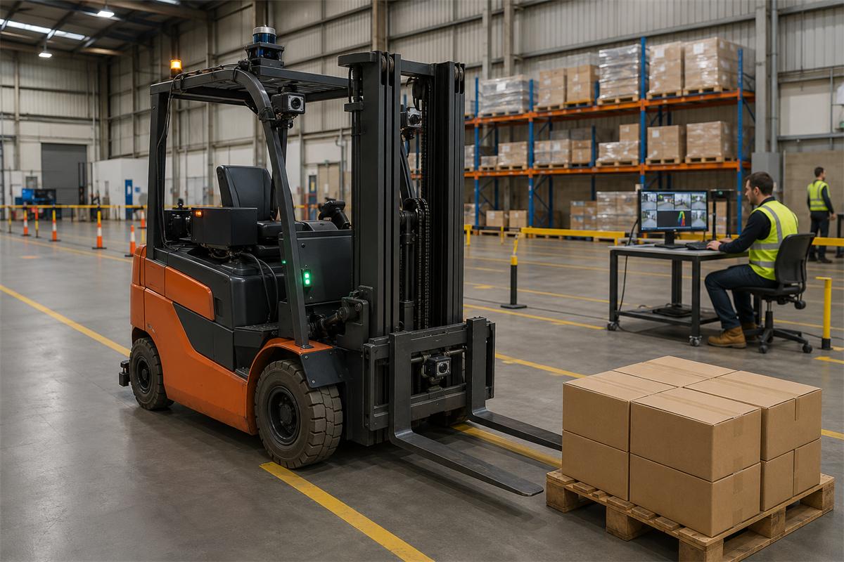 Autonomous forklift with vision sensors operating in a warehouse