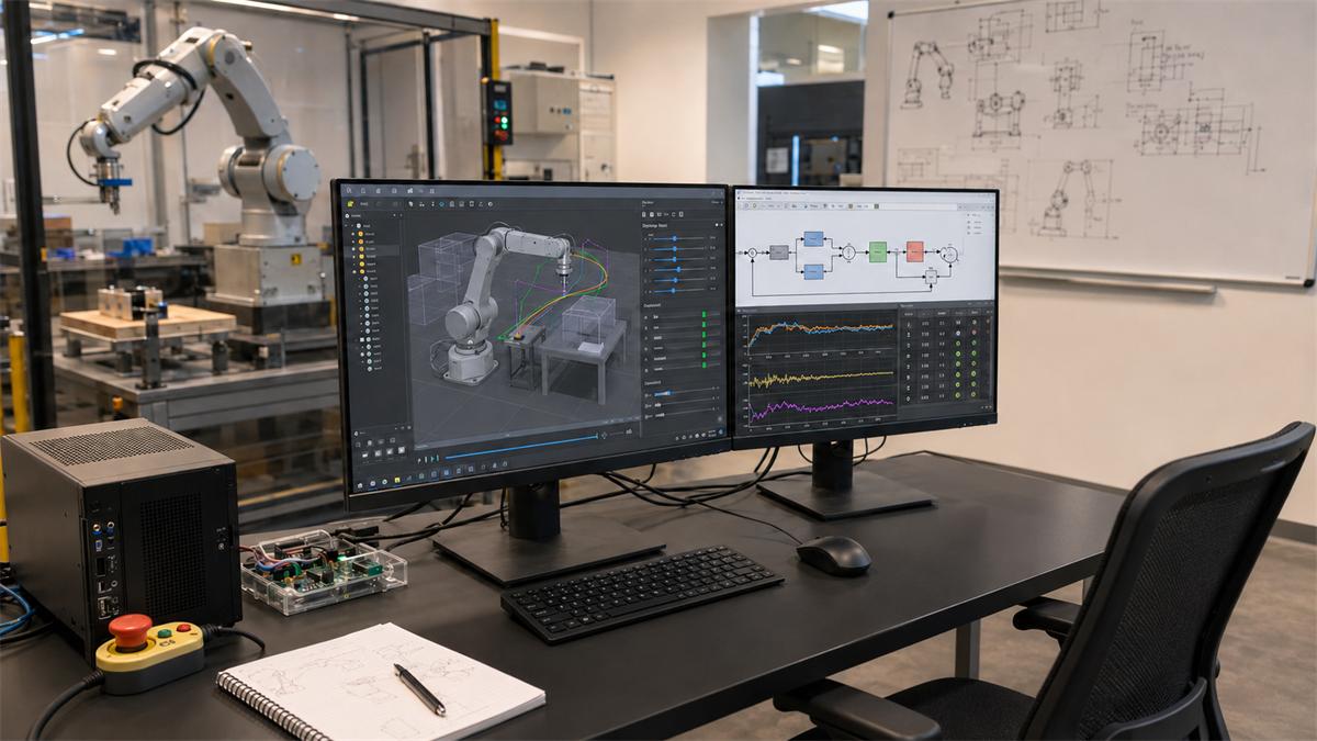 Robotic arm with control and simulation software on dual monitors