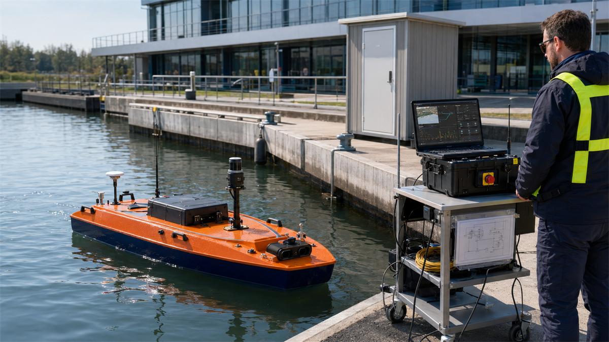Unmanned surface platform with sensor mast, operated dockside
